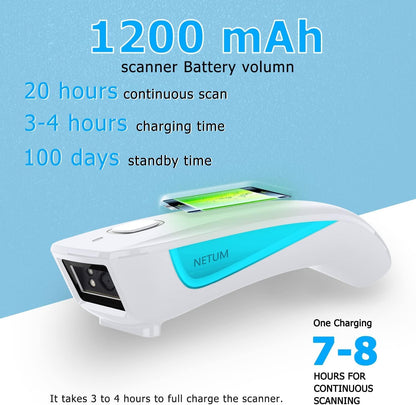 NETUM Upgraded Mini Wireless QR Barcode Scanner, 3 in 1 Bluetooth Portable Pocket Small 1D 2D Bar Code Reader, Automatic Fast, Precise scanning for POS, C850 White