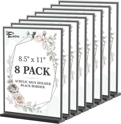 EHWINE 8 Pack Acrylic Sign Holder 8.5 x 11, Double-Sided Tabletop Black Sign Holder, Clear Acrylic Picture Frame Menu Flyer Paper Holder Display Stand for Home Wedding Party (with Non-Slip Pads)