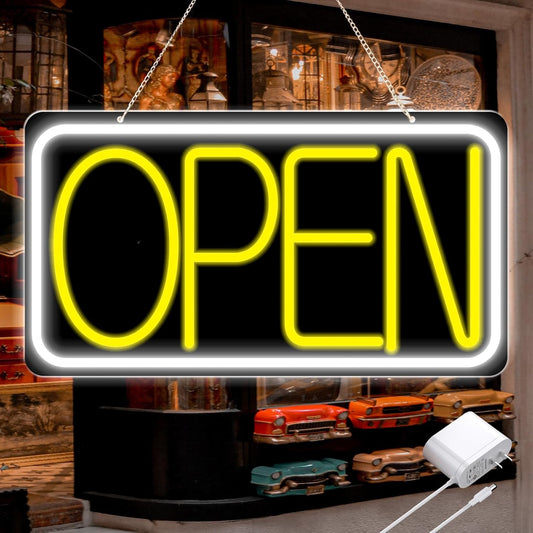 16.5" X 9" Led Neon Open Signs for Business Ultra Bright Plug In Electric Light Up Open Signs with ON/OFF Switch and 12V/2A AC Adapter for Storefront Window Bar Salon Coffee Stores (White/Yellow)
