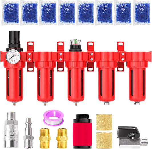 1/4" NPT Industrial Grade 5 Stage Aluminum Air Drying System,Double Coalescing Filter,Particulate Filter,Double Desiccant Dryer and Air Regulator,Manual Drain For Plasma Cutter and Paint Spray