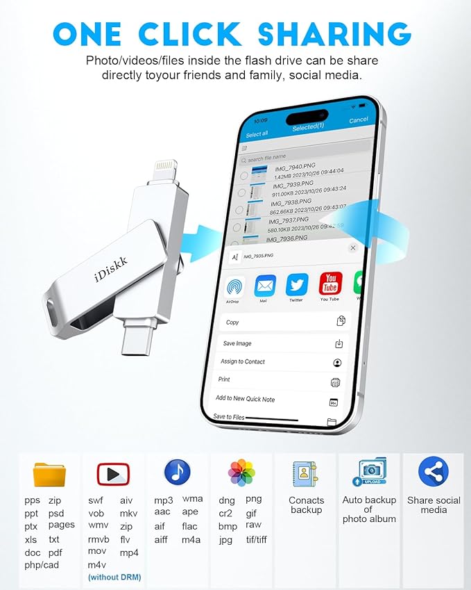App-le Certified 1TB iPhone 17 iDiskk Photo Vault for iPhone USB Storage Photo Flash Drive Transfer Stick for iPhone Picture External Storage iPad Lightning USB C Android Photo Storage Photo Stick