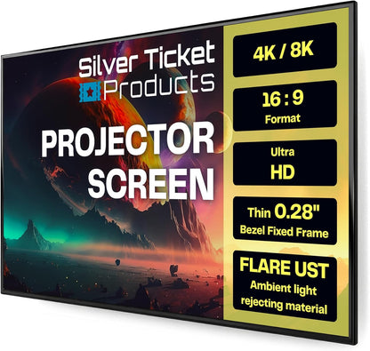 Silver Ticket Products S7 Series 6 Piece Thin Bezel Home Theater Fixed Frame 4K/8K Ultra HD, HDTV, HDR & Active 3D Projection Screen, 16:9 Format, 120" Diagonal, UST Flare Material S7-169120-FLARE