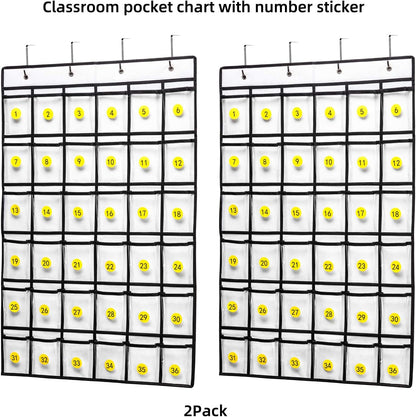 2 Pack 36 Pockets Classroom Pocket Chart for Cell Phone Calculator Holder,Clear Pocket Chart Organizer for Classroom Cellphone Storage with 36 Number Sticker Size:38.5x25.7 Inch (White-2pack)