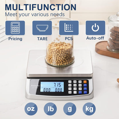 66lb Food Scale, Commercial Kitchen Scale with Price Computing, Plug-in Usable, 0.05oz/1g, 304 Stainless Steel, for Cooking, Vegetables, Farm, Industry, Counting. LC300 Silver