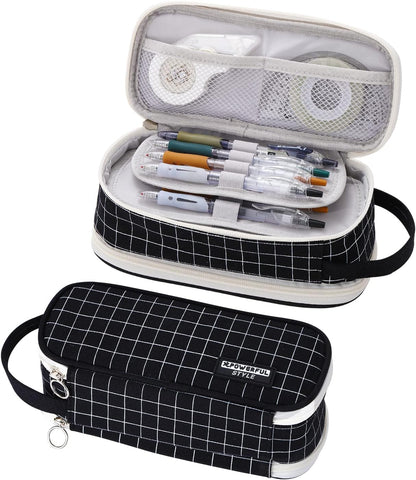 Large Pencil Case Zipper Pencil Pouch for Girls Boys Adults Kids Aesthetic Pencil Bag Organizer Big Capacity Pens Bag with Handle Portable for School Office Black-plaid