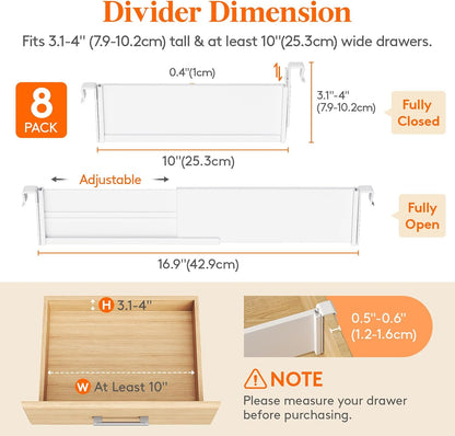Lifewit Hanging Kitchen Drawer Dividers 3.1" High, 10-17" Adjustable Drawer Organizers for Utensils, Expandable Dresser Separators in Kitchen/Bedroom/Bathroom/Vanity/Office, White(8 Pack)