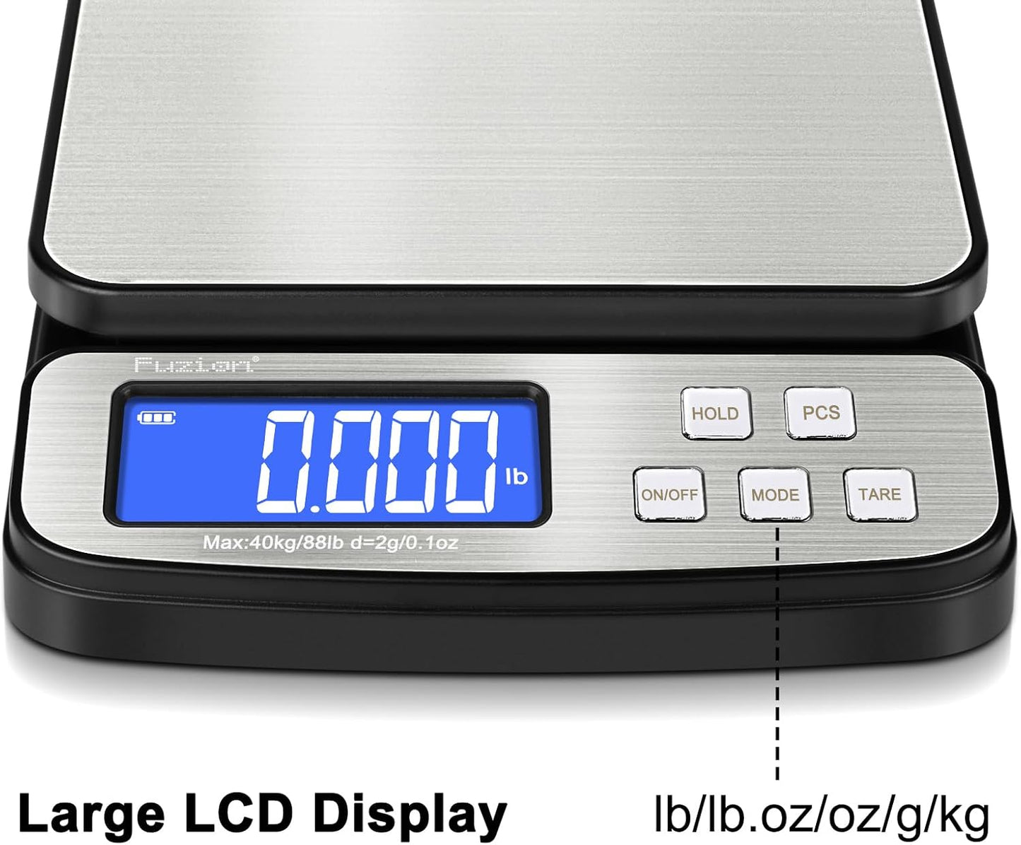 Fuzion Digital Shipping Postal Scale - 88lb x 0.1oz, Stainless Steel Platform, 5 Units, Hold/Tare/PCS Counting, Easy Calibration, Large LCD, Scale for Packages, All-in-1 Shipping Scale