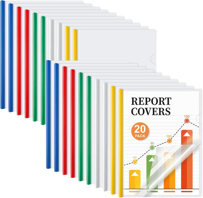 JOERSH 20Pcs Clear Report Covers with Sliding Bar, 40 Sheet Capacity Plastic Binder Paper Protector, Report Folders with Clear Cover for Resume File Documents, 5 Colors