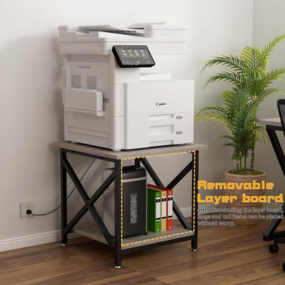 Large Printer Stand with Power Outlet, with Storage Shelf, 2 Tier Rolling Printer Cart with Industrial Wheels, 23.6 x 23.6 Inches Printer Table for Home Office,Greige