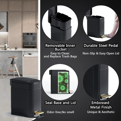 Small Bathroom Trash Can with Lid Soft Close-6L/1.6 Gal Slim Step Garbage Can-Metal Pedal Wastebasket-Narrow Rectangle Garbage Container Bin for Corner Office, Bedroom, Toilet, Live Room-Black