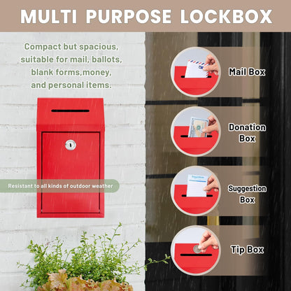 Metal Donation Money Cash Drop Box with Lock and Slot Suggestion Box Wall Mounted Ballot Container Mailbox Delivery for Home Office (Red, 10.24″ x 5.71″ x 2.95″)