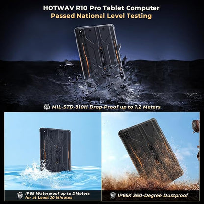 HOTWAV R10 Pro 2025 Rugged Tablet Android 14-10.1 Inch HD+ 10800mAh Waterproof Tablet, 20GB RAM+256GB ROM/1TB TF Outdoor Tablets, 13MP+5MP Camera Octa-Core IP68&IP69K/4G-LTE/5G WiFi/Face ID/GPS/OTG