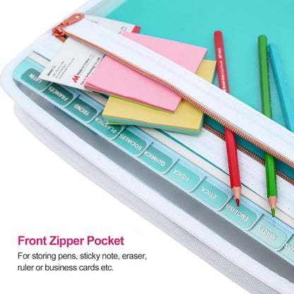 MEGREZ Expanding File Folder with 13 Pockets, 2 Pack A4 Paper File Folder with Zipper Color Labels, Waterproof Accordion File Folder Organizer for Home Office, Green & Pink
