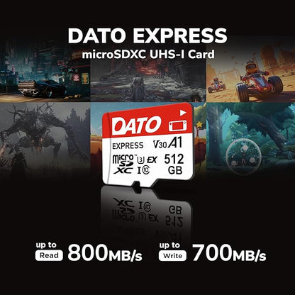 DATO Express 256GB microSDXCEX Memory Card PCIe Gen3x1 NVMe UHS-I C10 U3 V30 A1 4K8K UHD Up to 800/700 MB/s Compatible with Gen Gaming Consoles Witch 2 Action Cameras Drones 360° Cameras