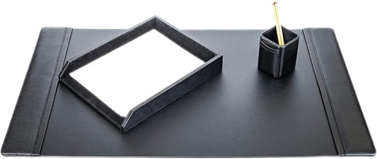 Dacasso Black Bonded Leather Luxury 3 Piece Desk Set - Blotter Pad & Desk Mat Organization Essentials - Executive Decor and Surface Protector