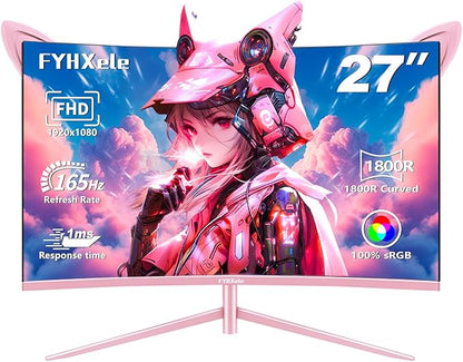 27 inch Gaming Monitor, Pink 1800R Curved Monitor, FHD-1920X1080P, 165Hz, 1ms, Fast IPS, FreeSync Hdmi Monitor with Ultrathin, HDMI/DP/USB Vesa/Wall Mount Computer Monitor-Pink