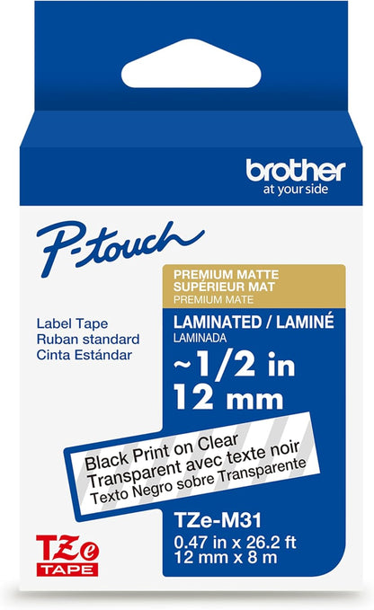 Brother P-Touch TZe-M31 Black Print on Premium Matte Clear Laminated Tape 12mm (0.47”) Wide x 8m (26.2’) Long, TZEM31