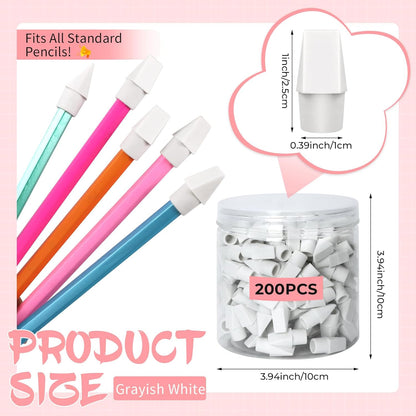 PRALB 200PCS Grayish White Pencil Top Eraser Caps - Compact Bullet Tip Erasers for Home, School & Office Essentials