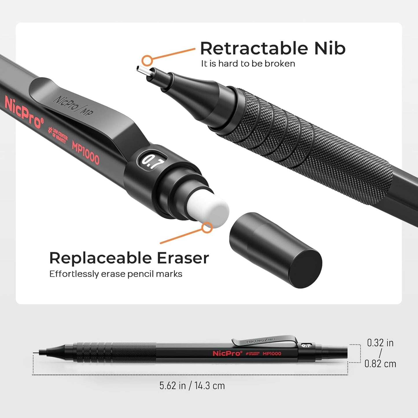 Nicpro 20PCS Black Metal Mechanical Pencil Set in Leather Case, Drafting Pencil 0.3, 0.5, 0.7, 0.9 mm & 2mm Lead Holders, 9 Tube (4B 2B HB 2H Colors) Lead Refills, Erasers For Art Sketching Drawing