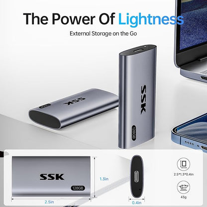 SSK 128GB SSD External Hard Drive, Portable SSD Up to 550MB/s Fast Solid State Drives, External Drive USB 3.2 Gen2 for iPhone 15/Pro, Windows, Mac, Android with LED Light, Trim, Smart Supported