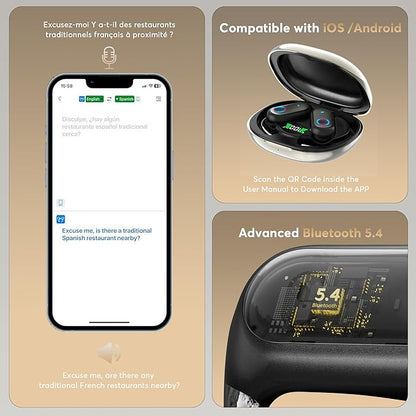 AI Translation Earbuds Real-Time 168 Languages Translator Earbuds, 3-in-1 Translation Device, 50H Playtime with OWS LCD Touch Screen, Bluetooth 5.4 Translate Headphones for Travel, Business, Learning