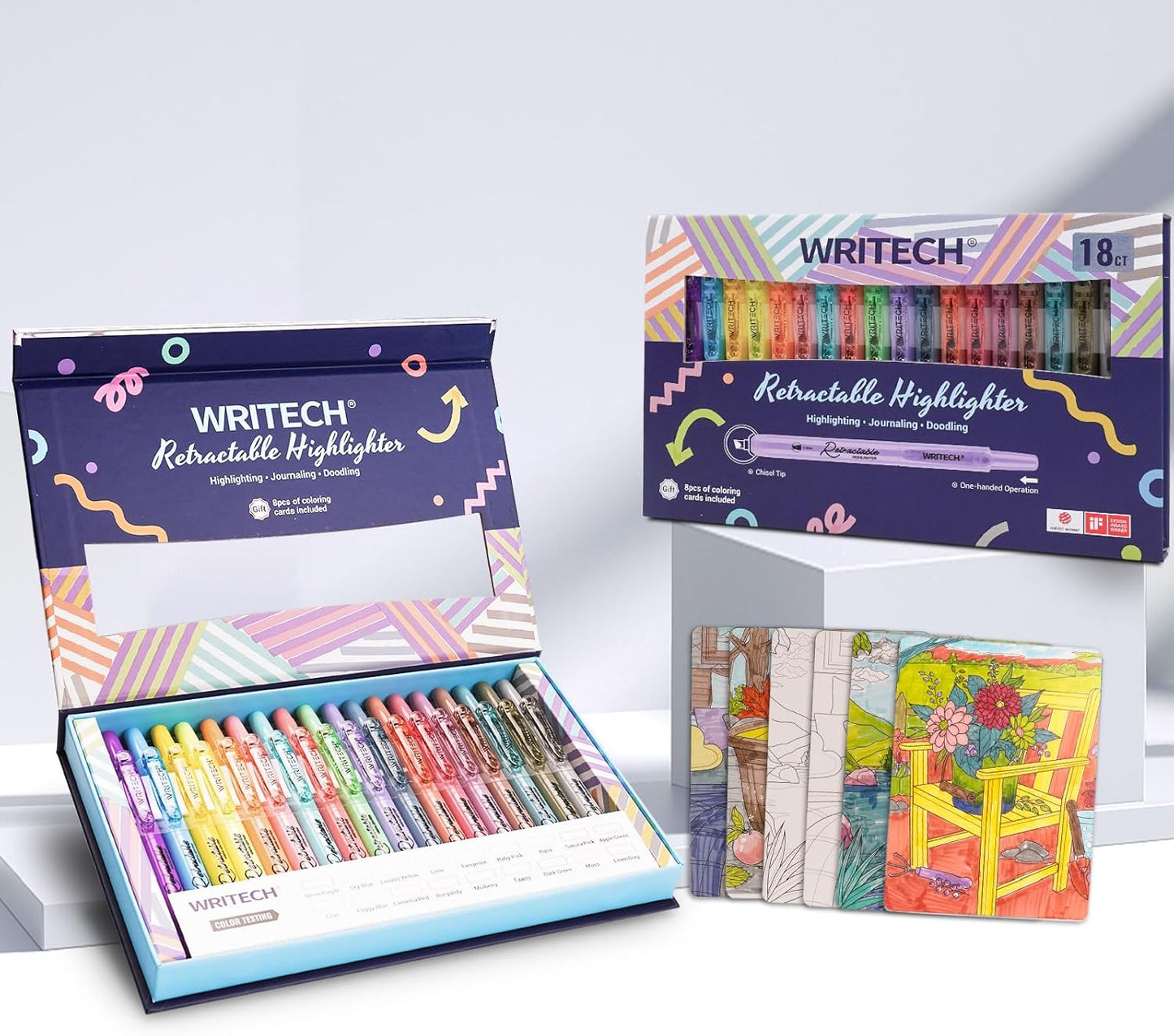 WRITECH Retractable Highlighters Assorted Colors: 18ct Aesthetic Highlighter Markers with Gift Case Multicolor Ink Chisel Tip No Smear for Highlighting Journaling Coloring Bible
