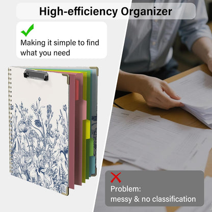 Foldable Clipboard Folio with Storage, 5 Plastic Folders with 10 Pockets,Refillable Lined Notepad (11" x 8.5"), Hardcover Project Organizer Nursing Teacher School Essentials(Blue Florals)