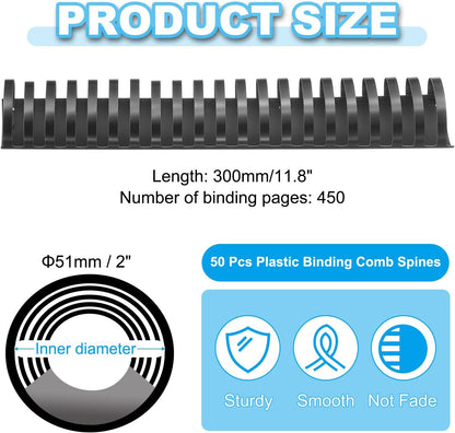PATIKIL 51mm (2") Plastic Binding Combs, 50 Pcs 21 Rings Comb Binding Spines 450 Sheet Capacity Letter Size for Binding Paper Sheets Notebook Calendar Picture Album, Black