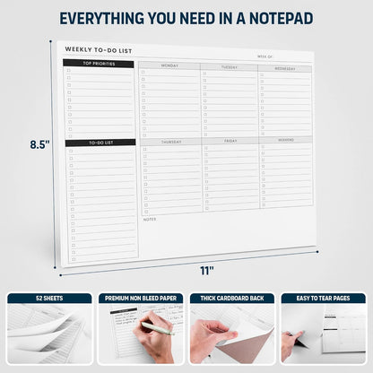 Weekly Planner Pad: To Do List Desk Notepad with Multiple Sections - 8.5x11" 52 Sheets - Undated Tear Off Notebook Calendar - Habit Planning Tracker, Task Goal Checklist Organizer - Agenda Plan Pad