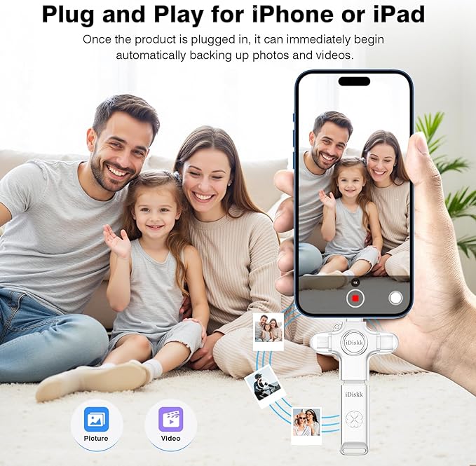 iDiskk 128 GB Auto-Secure-Backup USB Flash Drive Thumb Drive - iPhone Memory Storage to Transfer & Backup Photos, Videos,Photo Stick for iPhone,iPad, Android, Mac & PC