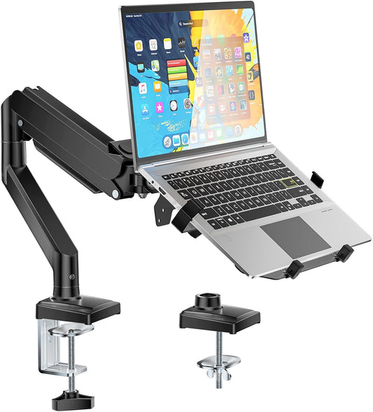 WALI Laptop Desk Mount, 2-in-1 Monitor Mount with Adjustable Laptop Tray, Fits Max 17" Notebook and 34" Computer Screen, Max Holds 22-26.4 lbs, Single Monitor Laptop Stand for Desk (GSMP001NLP), Black