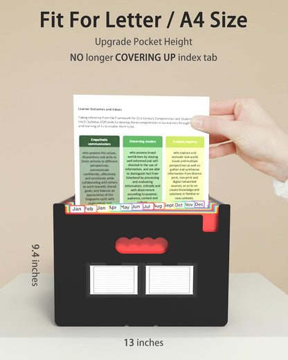 Expanding File Folder, 24 Pocket Accordion A4 Letter Size Portable Document Organizer with Colored Tabs, Expandable Bill Coupon Folder - Black