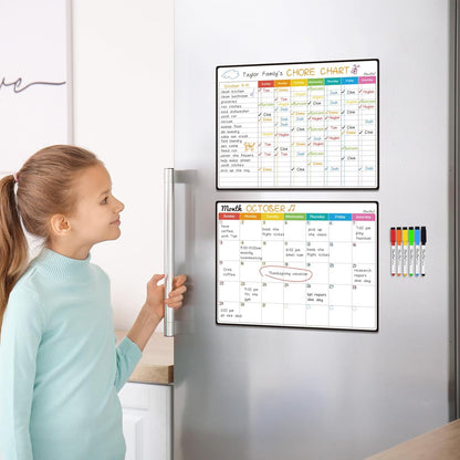Magnetic Dry Erase Chore Chart, Monthly Calendar Set - 14.5"x11" Monthly Calendar, Chore Board for Fridge - 6 Extra Fine Point Markers Included - Shipped Flat