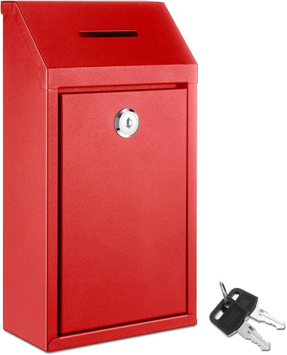 Metal Donation Cash Box Collection Safe Suggestion Box with Lock Wall Mounted Mailbox Delivery Ballot Container for Home Office Outdoor Door(Red)