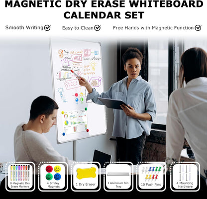EAONE Magnetic Whitboard Calendar for Wall, Double Sided Dry Eraser Board Combo with Aluminum for Office, School, Home Kitchen (Silver, 36" x 24")