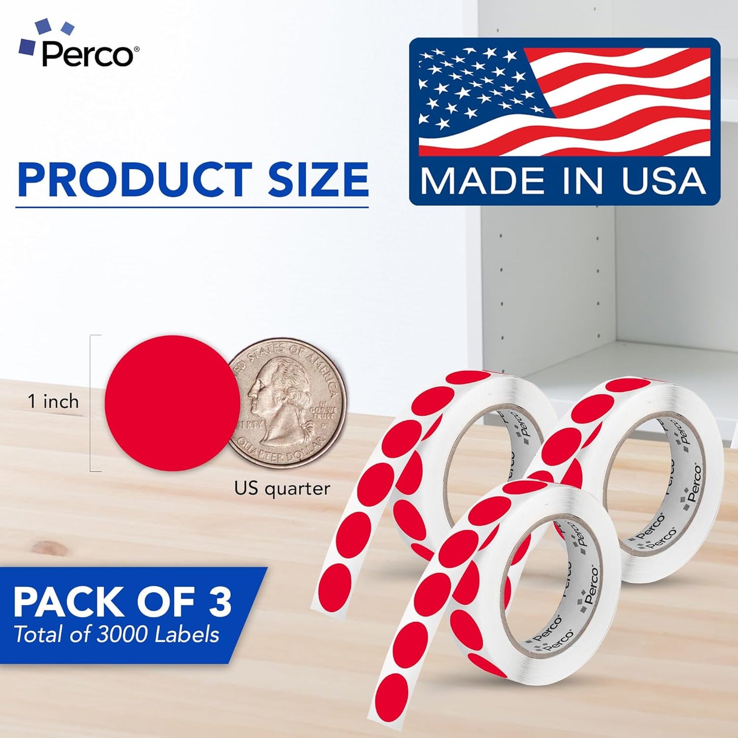 Perco Red 1-Inch Round Circle Dot Sticker Labels - Multi-Roll Pack (3 Rolls, 1,000 Labels Each) - Permanent Adhesive, Vibrant Colors, Strong Hold - Perforated for Easy Use - Made in USA