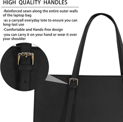 Laptop Bag for Women Waterproof Lightweight Leather 15.6 Inch Computer Tote Bag Business Office Briefcase Large Capacity Handbag Shoulder Bag Professional Office Work Bag Black