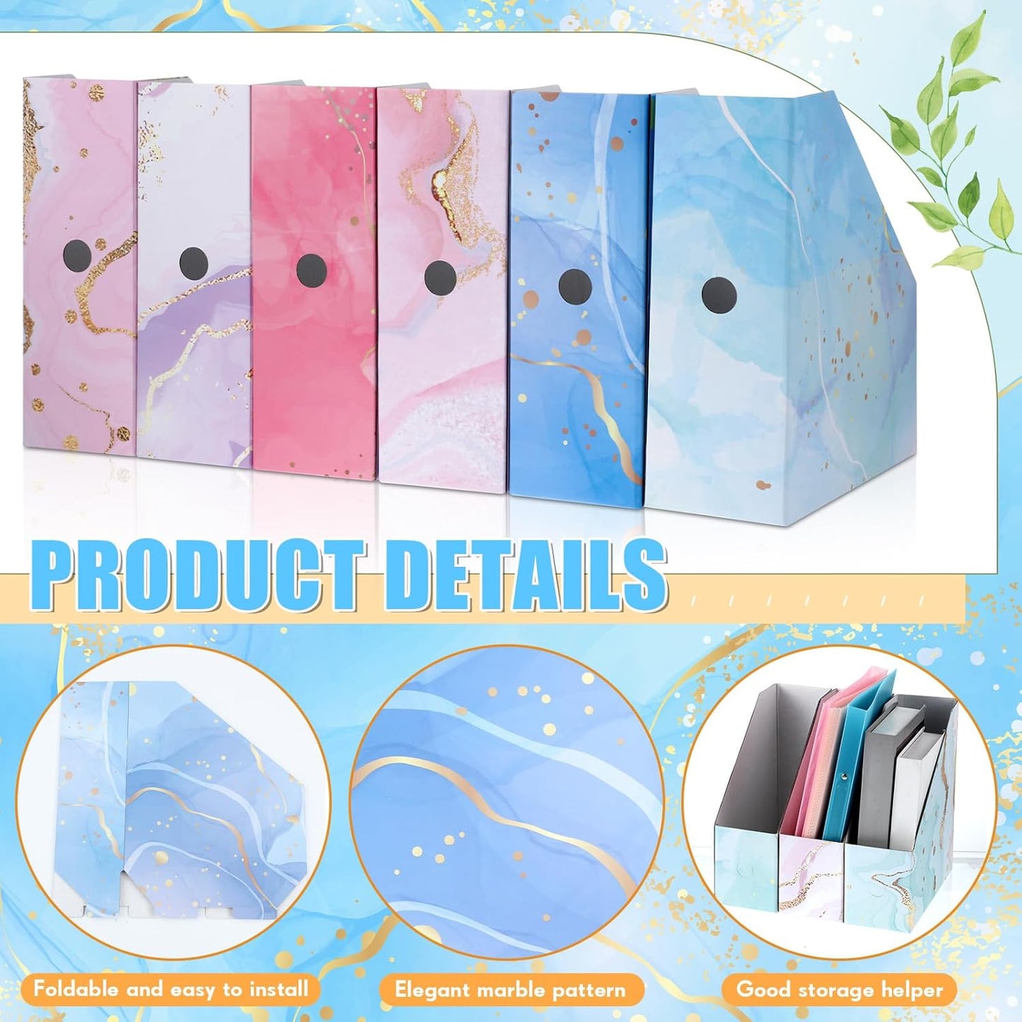 PerKoop 12 Pcs Magazine File Holder Foldable Decorative Cardboard File Folders 6 Patterns Floral Colored Magazine Rack with Printable Sticker Labels for School Office Home Desk (Marble)