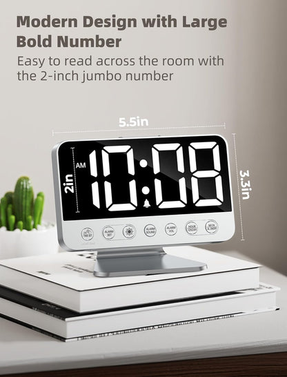 Digital Alarm Clocks for Bedrooms: Large Bold Number 5 Brightness Dimmer - Easy to Read Across The Room - 5 Alarm Sound 8 Night Light - Silver
