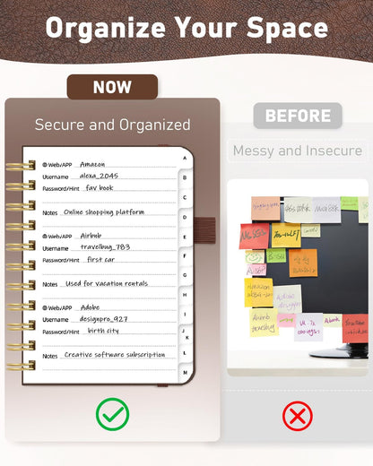 WEMATE Password Book with Alphabetical Tabs, Spiral Password Keeper Book for Seniors, Internet Password Notebook Password Journal Logbook Log in Detail, Small – 4.7''x 6'' (Brown)