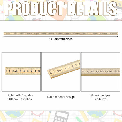 Treela 24 Pack 39 Inches Meter Stick Wood Ruler Economy Yard Stick Double Sided Heavy Duty Thick Meter for School Classroom Home Office Kids Clothing Measuring
