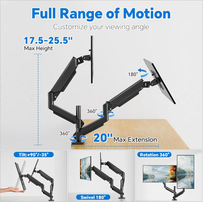 Simple Trending Dual Monitor Stand, Full Adjustable Monitor Mount, Gas Spring Monitors Arm for 13-32 inch Computer, VESA Mount with C-clamp & Grommet Mounting Holds Max 20 lbs Each, Freelift Black