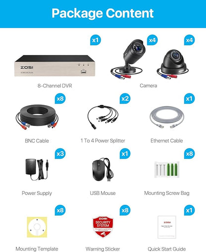 ZOSI 8CH 3K Lite Home Security Camera System with AI Human/Vehicle Detection,8-Channel Surveillance CCTV DVR,8pcs 1080p Weatherproof Outdoor Indoor Camera,Night Vision,Remote Access,No Hard Drive