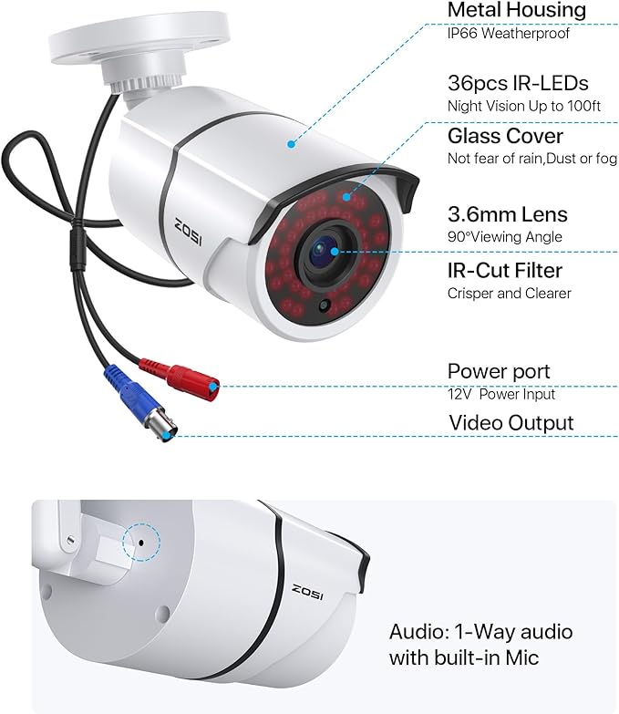 ZOSI 4 Pack 2.0MP 1080P HD-TVI Security Cameras with Audio, 100ft Night Vision, Outdoor Indoor Weatherproof Home Surveillance CCTV Bullet Camera for 1080P/5MP/4K HD-TVI Analog DVR System