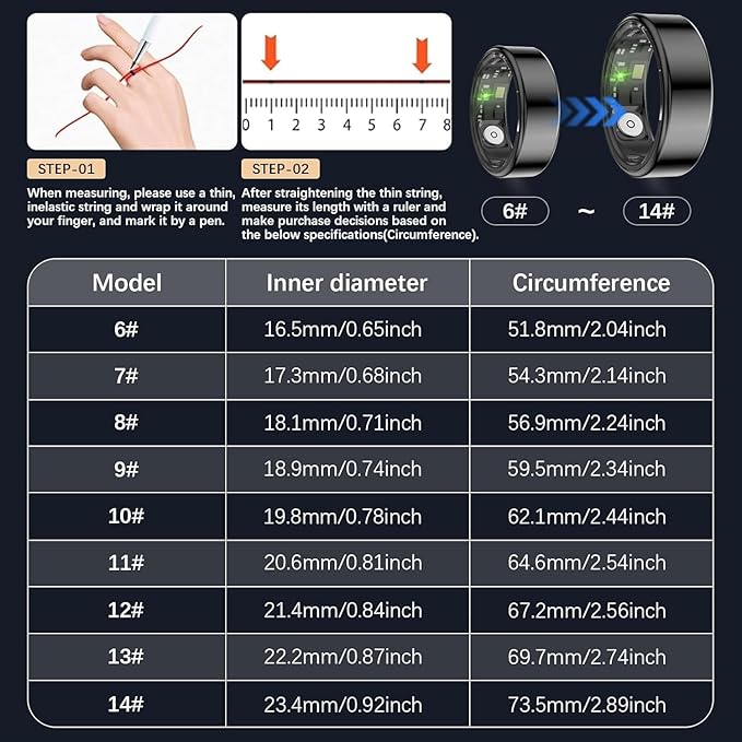 Health Tracker Ring, Smart Health Ring for Women Men with Heart Rate, Blood Oxygen,Sleep Monitor, Steps,Calories, No SubscriptionFee,lP68 Waterproof Smart Ring for iPhone &Android (Black. 6#)