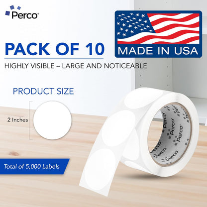 Perco White 2-Inch Perforated Circle Dot Sticker Labels — 10 Rolls, 5,000 Round Stickers — with Permanent Adhesive for Organizing, Color Coding, Bin Labeling, Packaging Alerts—Made in USA