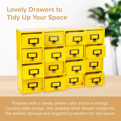Yellow 16-Slot Wooden Drawer Unit - Country Style Desk Organizer - 20"x3.6”x14” Wooden Storage Box w/ 16 Drawers - Countertop Drawers w/Label Holder & Handle - Slim 4-Level Desk Organizer