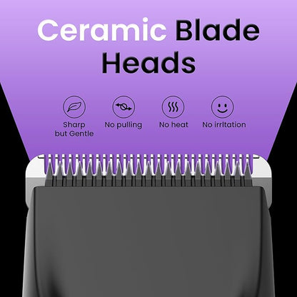 Groin & Body Hair Trimmer for Men - Electric Shaver for Pubic Hair, Chest, Legs - Ball Pubic Groomer, LED Light, Replaceable Ceramic Blade Heads, USB-C Recharge Dock, Waterproof Hygiene Razor, Purple