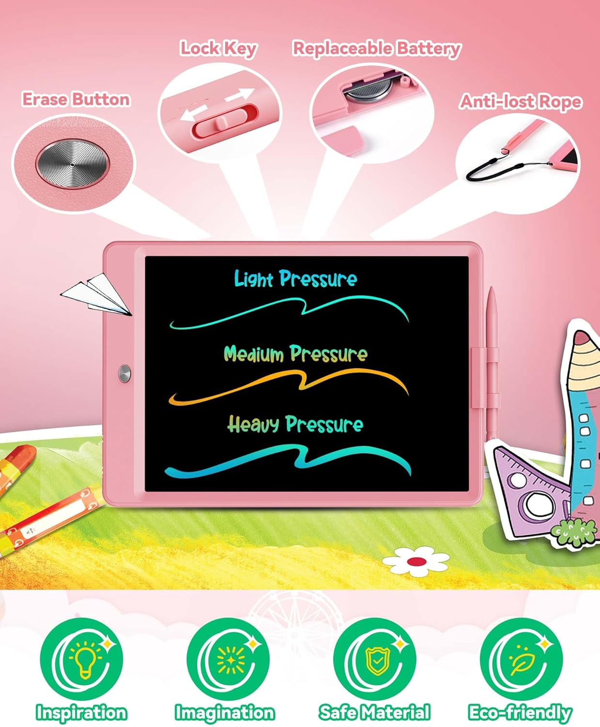 KOKODI 10 Inch LCD Writing Tablet with Anti-Lost Stylus, Erasable Doodle Board Colorful Toddler Drawing Pad, Car Travel School Games Toys for 3 4 5 6 7 8 Kids, Birthday Gift for Girls Boys Pink