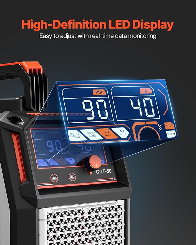 VEVOR Plasma Cutter, 50A Plasma Cutting Machine, 110V/220V Dual Voltage Digital Display IGBT Inverter - with 2T/4T Function & Adjustable PA/PT Time for Home Repairs, Workshops